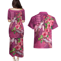 Hawaiian Turtle Love Couple Couples Matching Puletasi and Hawaiian Shirt - Sweet Hibiscus and Kakau Pattern Rose Color LT03 - Polynesian Pride