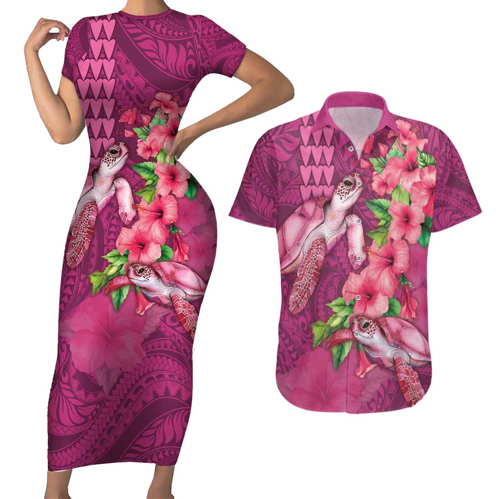 Hawaiian Turtle Love Couple Couples Matching Short Sleeve Bodycon Dress and Hawaiian Shirt - Sweet Hibiscus and Kakau Pattern Rose Color LT03 Pink - Polynesian Pride
