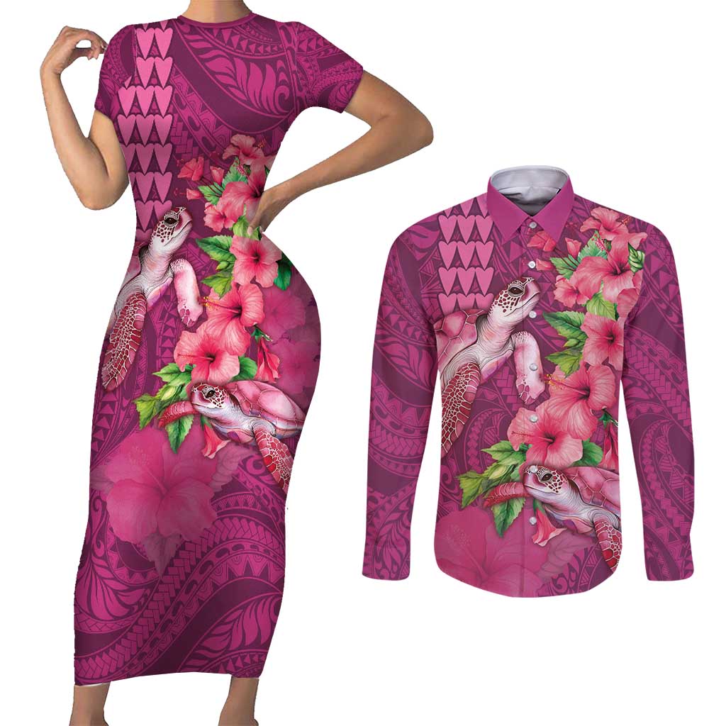 Hawaiian Turtle Love Couple Couples Matching Short Sleeve Bodycon Dress and Long Sleeve Button Shirt - Sweet Hibiscus and Kakau Pattern Rose Color LT03 Pink - Polynesian Pride