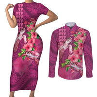 Hawaiian Turtle Love Couple Couples Matching Short Sleeve Bodycon Dress and Long Sleeve Button Shirt - Sweet Hibiscus and Kakau Pattern Rose Color LT03 Pink - Polynesian Pride