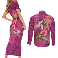 Hawaiian Turtle Love Couple Couples Matching Short Sleeve Bodycon Dress and Long Sleeve Button Shirt - Sweet Hibiscus and Kakau Pattern Rose Color LT03 - Polynesian Pride