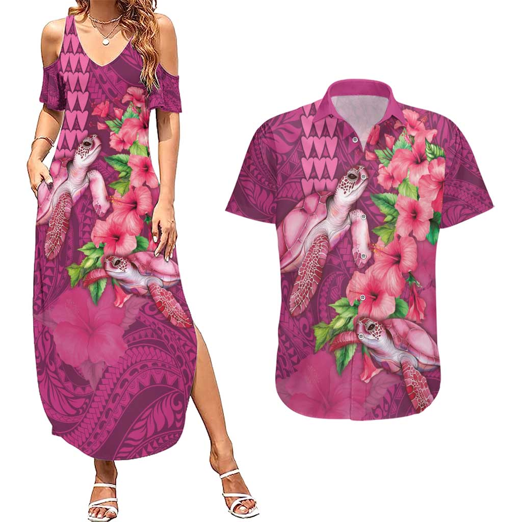 Hawaiian Turtle Love Couple Couples Matching Summer Maxi Dress and Hawaiian Shirt - Sweet Hibiscus and Kakau Pattern Rose Color LT03 Pink - Polynesian Pride
