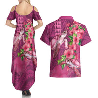 Hawaiian Turtle Love Couple Couples Matching Summer Maxi Dress and Hawaiian Shirt - Sweet Hibiscus and Kakau Pattern Rose Color LT03 - Polynesian Pride