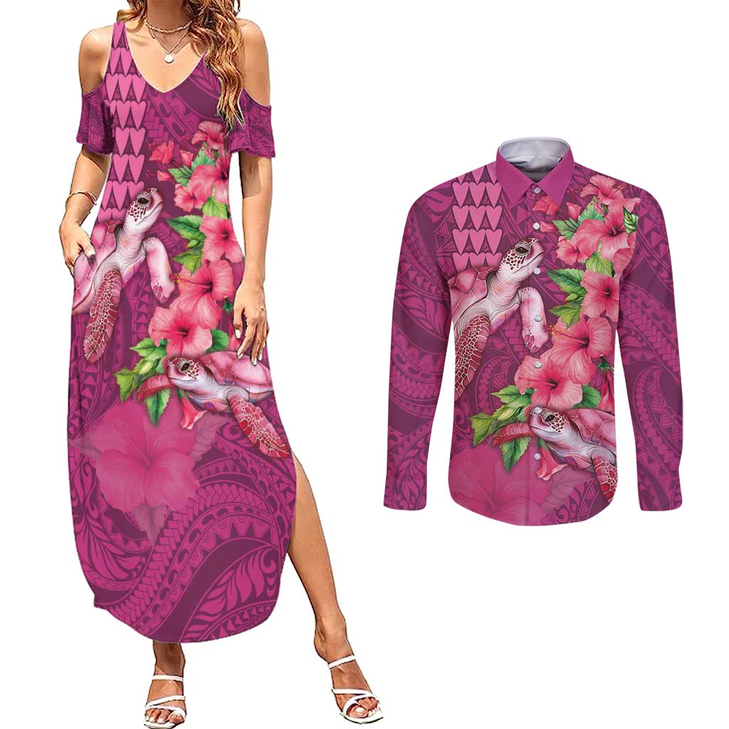Hawaiian Turtle Love Couple Couples Matching Summer Maxi Dress and Long Sleeve Button Shirt - Sweet Hibiscus and Kakau Pattern Rose Color LT03 Pink - Polynesian Pride