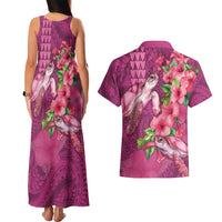 Hawaiian Turtle Love Couple Couples Matching Tank Maxi Dress and Hawaiian Shirt - Sweet Hibiscus and Kakau Pattern Rose Color LT03 - Polynesian Pride
