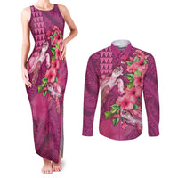 Hawaiian Turtle Love Couple Couples Matching Tank Maxi Dress and Long Sleeve Button Shirt - Sweet Hibiscus and Kakau Pattern Rose Color LT03 Pink - Polynesian Pride