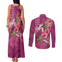 Hawaiian Turtle Love Couple Couples Matching Tank Maxi Dress and Long Sleeve Button Shirt - Sweet Hibiscus and Kakau Pattern Rose Color LT03 - Polynesian Pride