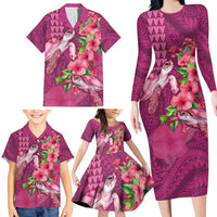 Hawaiian Turtle Love Couple Family Matching Long Sleeve Bodycon Dress and Hawaiian Shirt - Sweet Hibiscus and Kakau Pattern Rose Color LT03 - Polynesian Pride