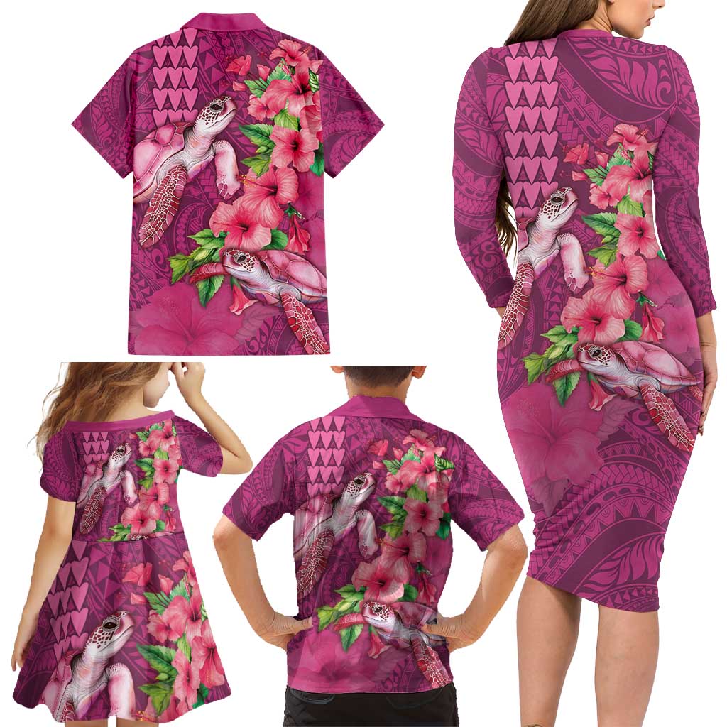 Hawaiian Turtle Love Couple Family Matching Long Sleeve Bodycon Dress and Hawaiian Shirt - Sweet Hibiscus and Kakau Pattern Rose Color LT03 - Polynesian Pride