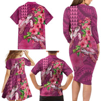 Hawaiian Turtle Love Couple Family Matching Long Sleeve Bodycon Dress and Hawaiian Shirt - Sweet Hibiscus and Kakau Pattern Rose Color LT03 - Polynesian Pride
