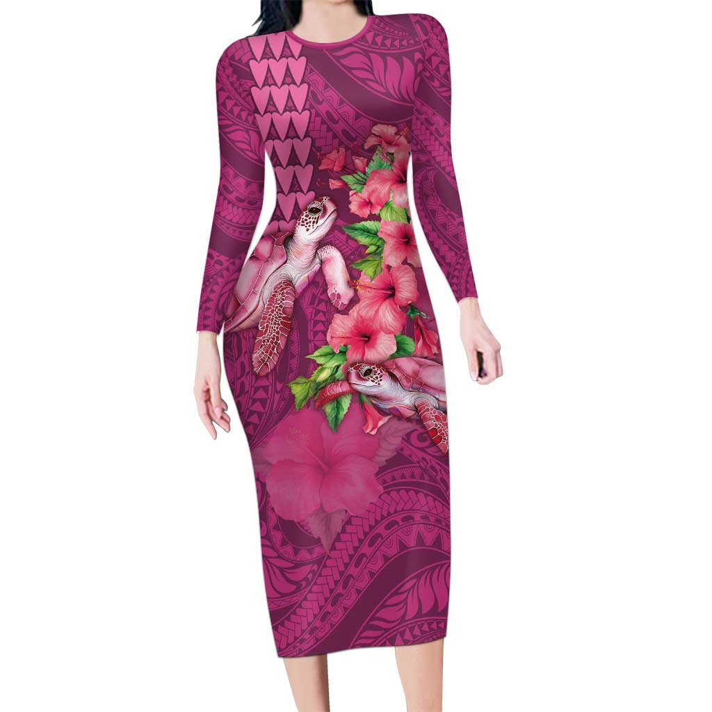 Hawaiian Turtle Love Couple Family Matching Long Sleeve Bodycon Dress and Hawaiian Shirt - Sweet Hibiscus and Kakau Pattern Rose Color LT03 Mom's Dress Pink - Polynesian Pride