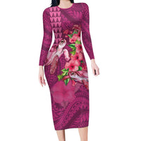 Hawaiian Turtle Love Couple Family Matching Long Sleeve Bodycon Dress and Hawaiian Shirt - Sweet Hibiscus and Kakau Pattern Rose Color LT03 Mom's Dress Pink - Polynesian Pride