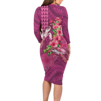 Hawaiian Turtle Love Couple Family Matching Long Sleeve Bodycon Dress and Hawaiian Shirt - Sweet Hibiscus and Kakau Pattern Rose Color LT03 - Polynesian Pride