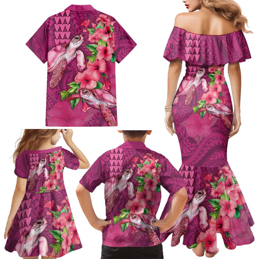 Hawaiian Turtle Love Couple Family Matching Mermaid Dress and Hawaiian Shirt - Sweet Hibiscus and Kakau Pattern Rose Color LT03 - Polynesian Pride