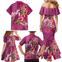 Hawaiian Turtle Love Couple Family Matching Mermaid Dress and Hawaiian Shirt - Sweet Hibiscus and Kakau Pattern Rose Color LT03 - Polynesian Pride