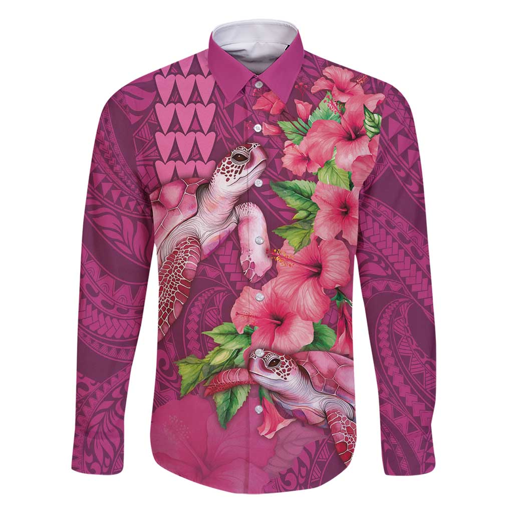 Hawaiian Turtle Love Couple Family Matching Mermaid Dress and Hawaiian Shirt - Sweet Hibiscus and Kakau Pattern Rose Color LT03 Dad's Shirt - Long Sleeve Pink - Polynesian Pride