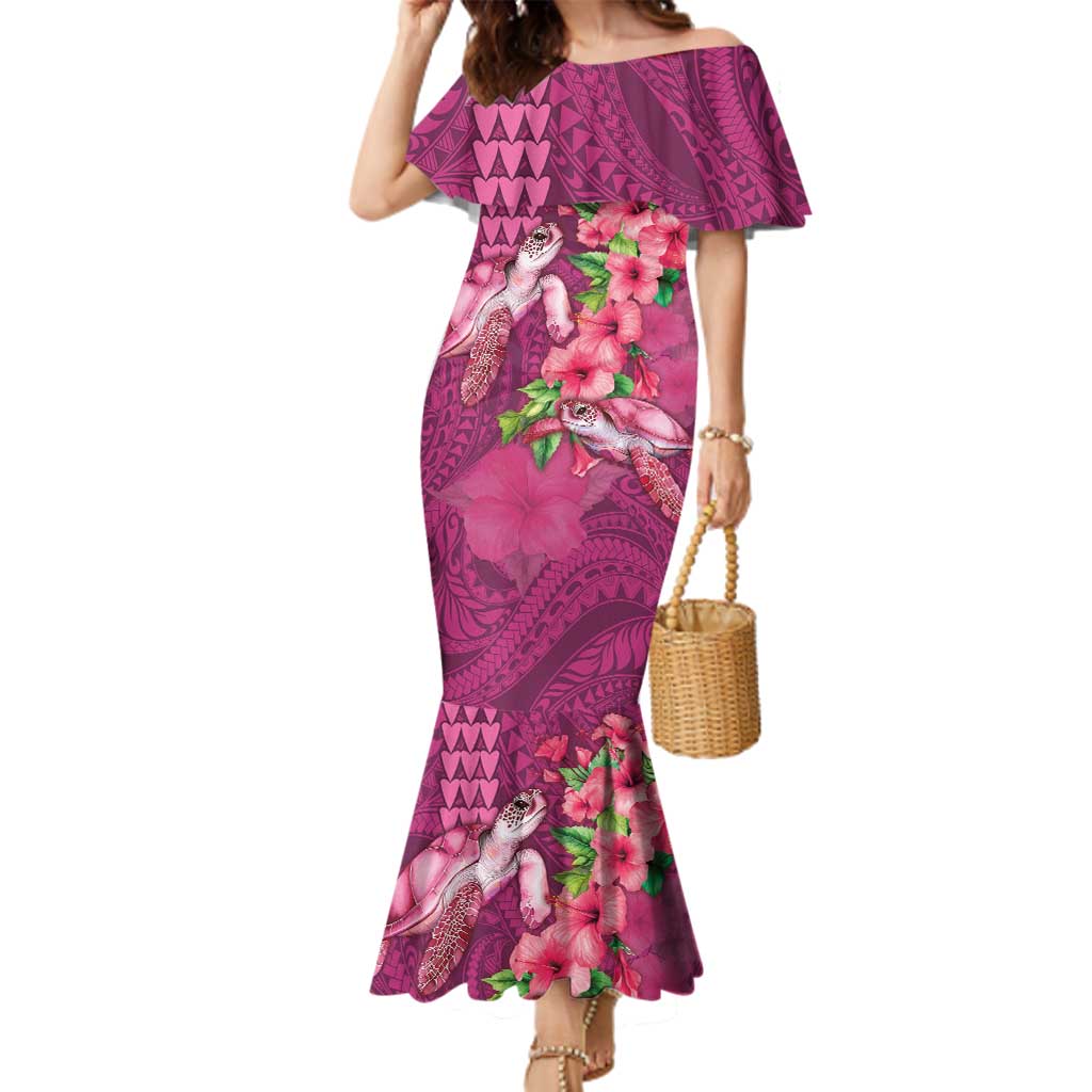 Hawaiian Turtle Love Couple Family Matching Mermaid Dress and Hawaiian Shirt - Sweet Hibiscus and Kakau Pattern Rose Color LT03 Mom's Dress Pink - Polynesian Pride