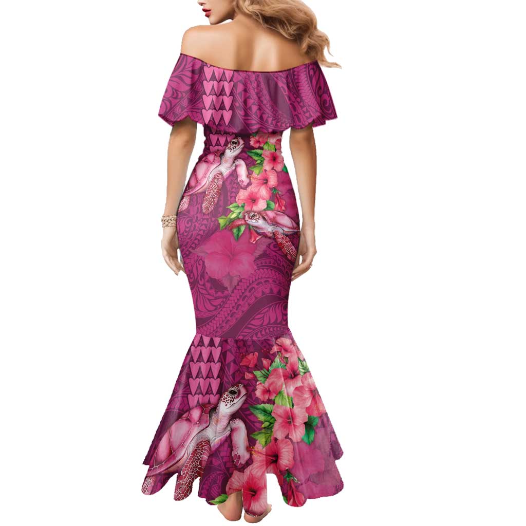 Hawaiian Turtle Love Couple Family Matching Mermaid Dress and Hawaiian Shirt - Sweet Hibiscus and Kakau Pattern Rose Color LT03 - Polynesian Pride