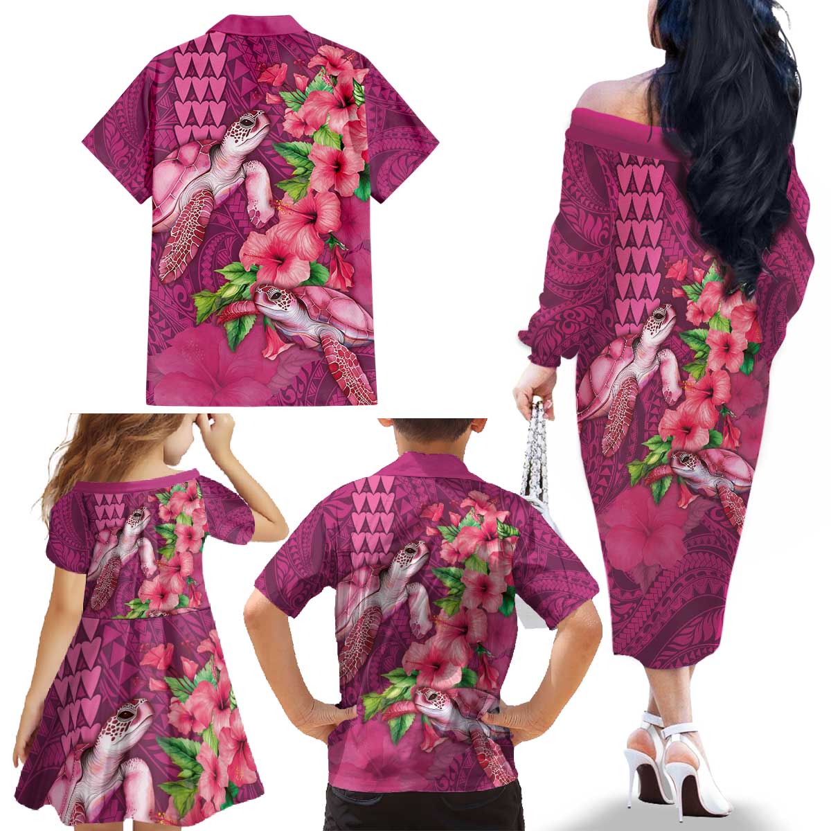 Hawaiian Turtle Love Couple Family Matching Off The Shoulder Long Sleeve Dress and Hawaiian Shirt - Sweet Hibiscus and Kakau Pattern Rose Color LT03 - Polynesian Pride