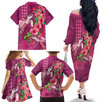 Hawaiian Turtle Love Couple Family Matching Off The Shoulder Long Sleeve Dress and Hawaiian Shirt - Sweet Hibiscus and Kakau Pattern Rose Color LT03 - Polynesian Pride