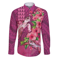 Hawaiian Turtle Love Couple Family Matching Off The Shoulder Long Sleeve Dress and Hawaiian Shirt - Sweet Hibiscus and Kakau Pattern Rose Color LT03 Dad's Shirt - Long Sleeve Pink - Polynesian Pride