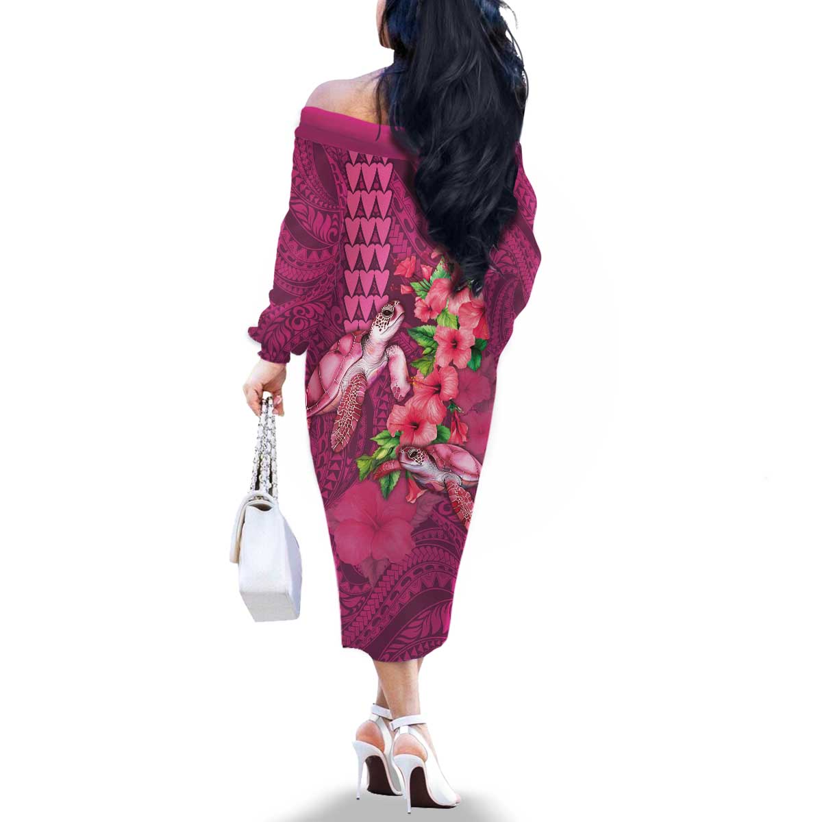Hawaiian Turtle Love Couple Family Matching Off The Shoulder Long Sleeve Dress and Hawaiian Shirt - Sweet Hibiscus and Kakau Pattern Rose Color LT03 - Polynesian Pride