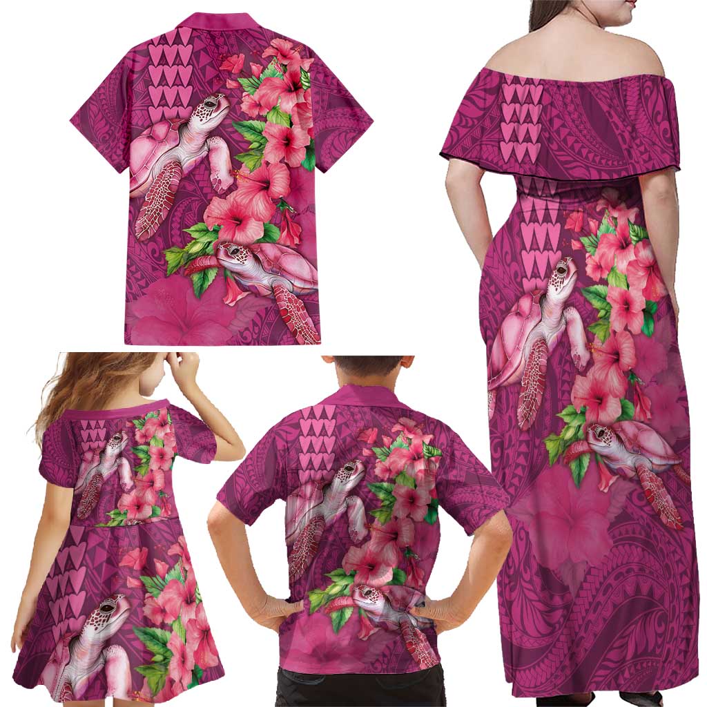 Hawaiian Turtle Love Couple Family Matching Off Shoulder Maxi Dress and Hawaiian Shirt - Sweet Hibiscus and Kakau Pattern Rose Color LT03 - Polynesian Pride