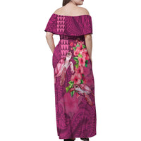Hawaiian Turtle Love Couple Family Matching Off Shoulder Maxi Dress and Hawaiian Shirt - Sweet Hibiscus and Kakau Pattern Rose Color LT03 - Polynesian Pride
