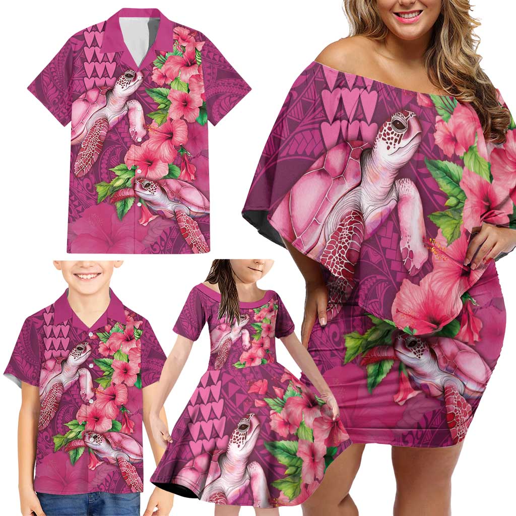 Hawaiian Turtle Love Couple Family Matching Off Shoulder Short Dress and Hawaiian Shirt - Sweet Hibiscus and Kakau Pattern Rose Color LT03 - Polynesian Pride