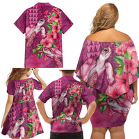 Hawaiian Turtle Love Couple Family Matching Off Shoulder Short Dress and Hawaiian Shirt - Sweet Hibiscus and Kakau Pattern Rose Color LT03 - Polynesian Pride