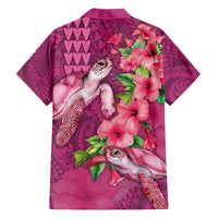 Hawaiian Turtle Love Couple Family Matching Off Shoulder Short Dress and Hawaiian Shirt - Sweet Hibiscus and Kakau Pattern Rose Color LT03 - Polynesian Pride