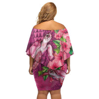 Hawaiian Turtle Love Couple Family Matching Off Shoulder Short Dress and Hawaiian Shirt - Sweet Hibiscus and Kakau Pattern Rose Color LT03 - Polynesian Pride