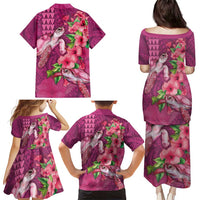 Hawaiian Turtle Love Couple Family Matching Puletasi and Hawaiian Shirt - Sweet Hibiscus and Kakau Pattern Rose Color LT03 - Polynesian Pride