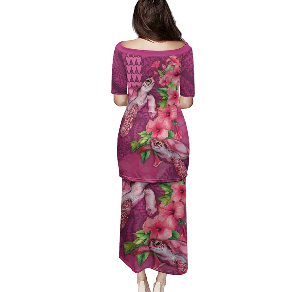 Hawaiian Turtle Love Couple Family Matching Puletasi and Hawaiian Shirt - Sweet Hibiscus and Kakau Pattern Rose Color LT03 - Polynesian Pride