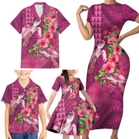 Hawaiian Turtle Love Couple Family Matching Short Sleeve Bodycon Dress and Hawaiian Shirt - Sweet Hibiscus and Kakau Pattern Rose Color LT03 - Polynesian Pride