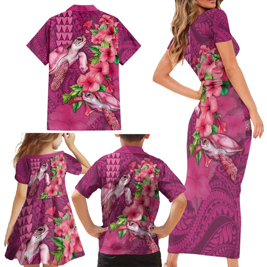 Hawaiian Turtle Love Couple Family Matching Short Sleeve Bodycon Dress and Hawaiian Shirt - Sweet Hibiscus and Kakau Pattern Rose Color LT03 - Polynesian Pride