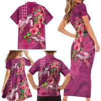 Hawaiian Turtle Love Couple Family Matching Short Sleeve Bodycon Dress and Hawaiian Shirt - Sweet Hibiscus and Kakau Pattern Rose Color LT03 - Polynesian Pride