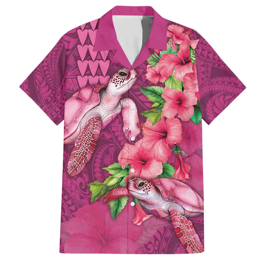 Hawaiian Turtle Love Couple Family Matching Short Sleeve Bodycon Dress and Hawaiian Shirt - Sweet Hibiscus and Kakau Pattern Rose Color LT03 Dad's Shirt - Short Sleeve Pink - Polynesian Pride