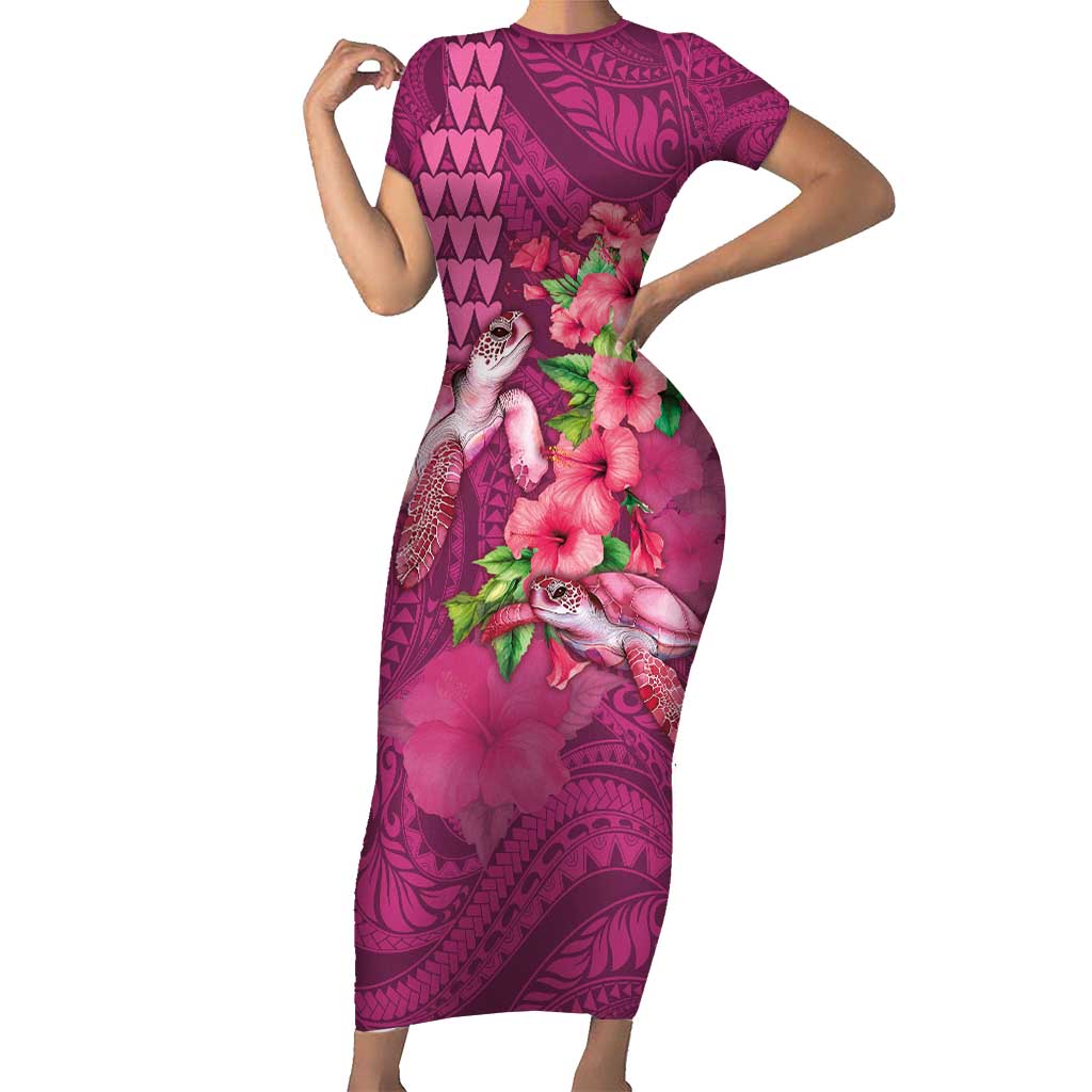 Hawaiian Turtle Love Couple Family Matching Short Sleeve Bodycon Dress and Hawaiian Shirt - Sweet Hibiscus and Kakau Pattern Rose Color LT03 Mom's Dress Pink - Polynesian Pride