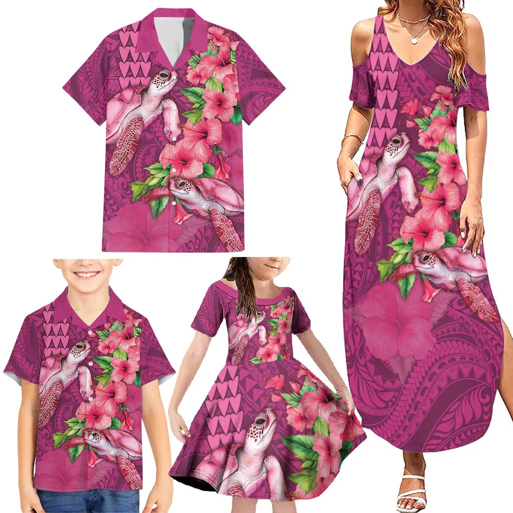 Hawaiian Turtle Love Couple Family Matching Summer Maxi Dress and Hawaiian Shirt - Sweet Hibiscus and Kakau Pattern Rose Color LT03 - Polynesian Pride