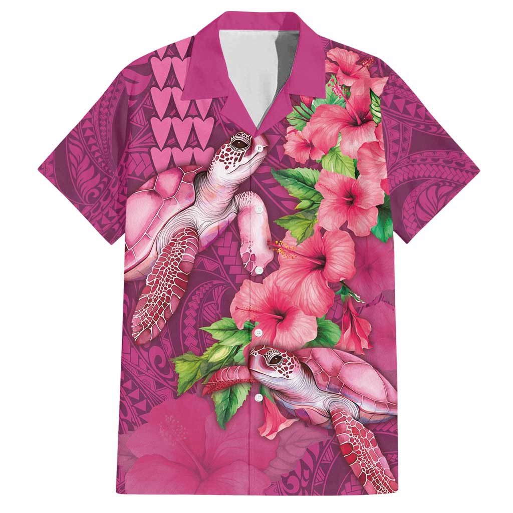 Hawaiian Turtle Love Couple Family Matching Summer Maxi Dress and Hawaiian Shirt - Sweet Hibiscus and Kakau Pattern Rose Color LT03 Dad's Shirt - Short Sleeve Pink - Polynesian Pride