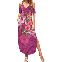 Hawaiian Turtle Love Couple Family Matching Summer Maxi Dress and Hawaiian Shirt - Sweet Hibiscus and Kakau Pattern Rose Color LT03 Mom's Dress Pink - Polynesian Pride