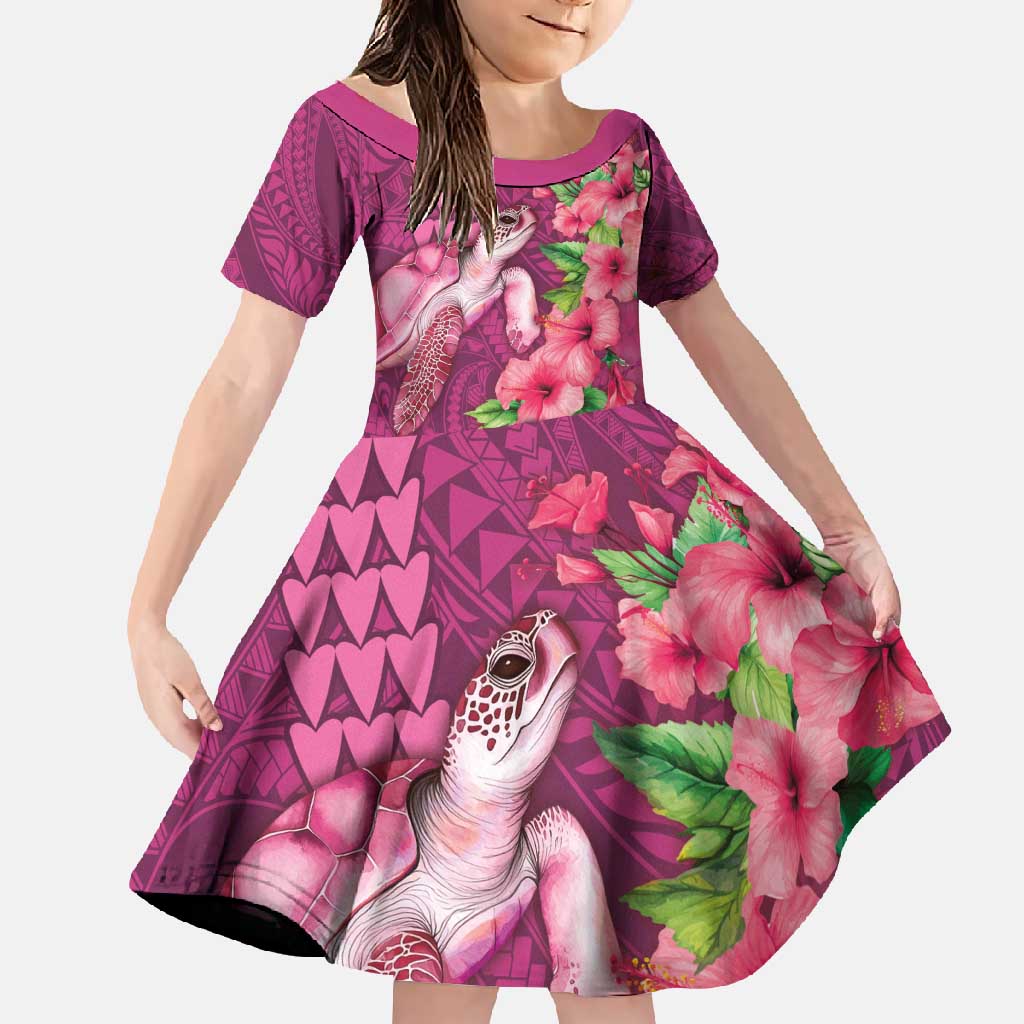 Hawaiian Turtle Love Couple Family Matching Tank Maxi Dress and Hawaiian Shirt - Sweet Hibiscus and Kakau Pattern Rose Color LT03 Daughter's Dress Pink - Polynesian Pride