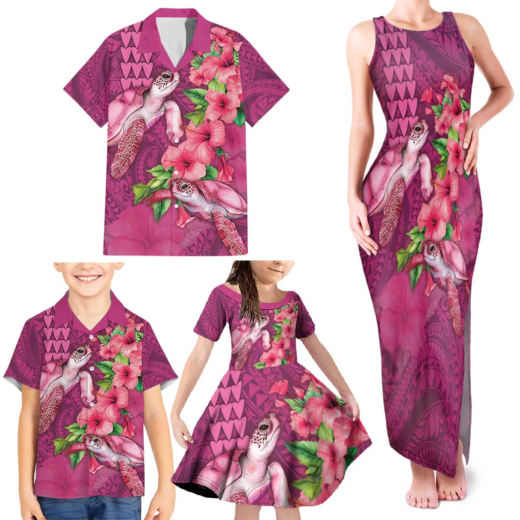 Hawaiian Turtle Love Couple Family Matching Tank Maxi Dress and Hawaiian Shirt - Sweet Hibiscus and Kakau Pattern Rose Color LT03 - Polynesian Pride