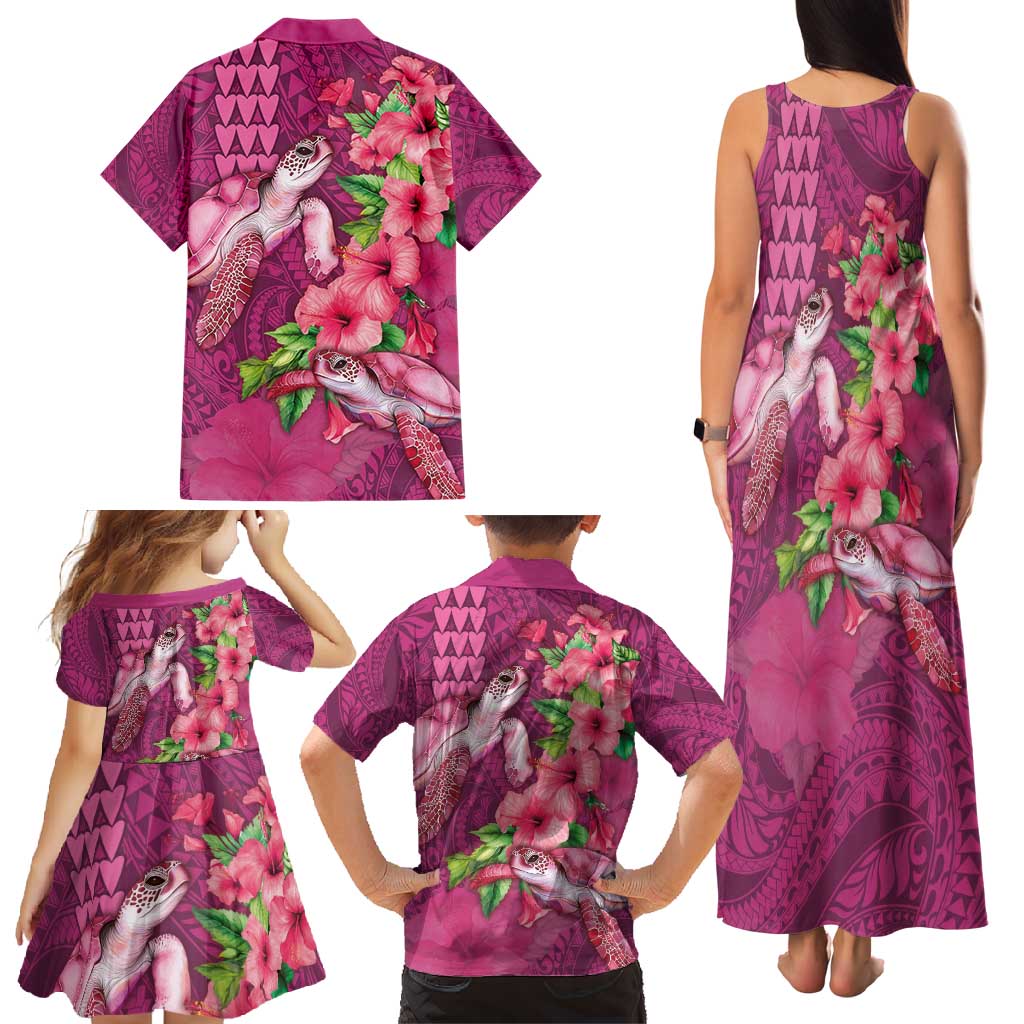 Hawaiian Turtle Love Couple Family Matching Tank Maxi Dress and Hawaiian Shirt - Sweet Hibiscus and Kakau Pattern Rose Color LT03 - Polynesian Pride