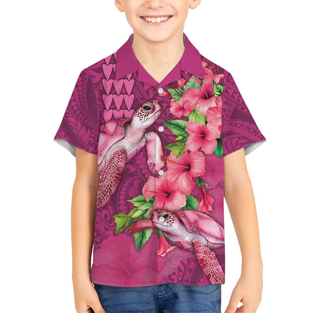 Hawaiian Turtle Love Couple Family Matching Tank Maxi Dress and Hawaiian Shirt - Sweet Hibiscus and Kakau Pattern Rose Color LT03 Son's Shirt Pink - Polynesian Pride