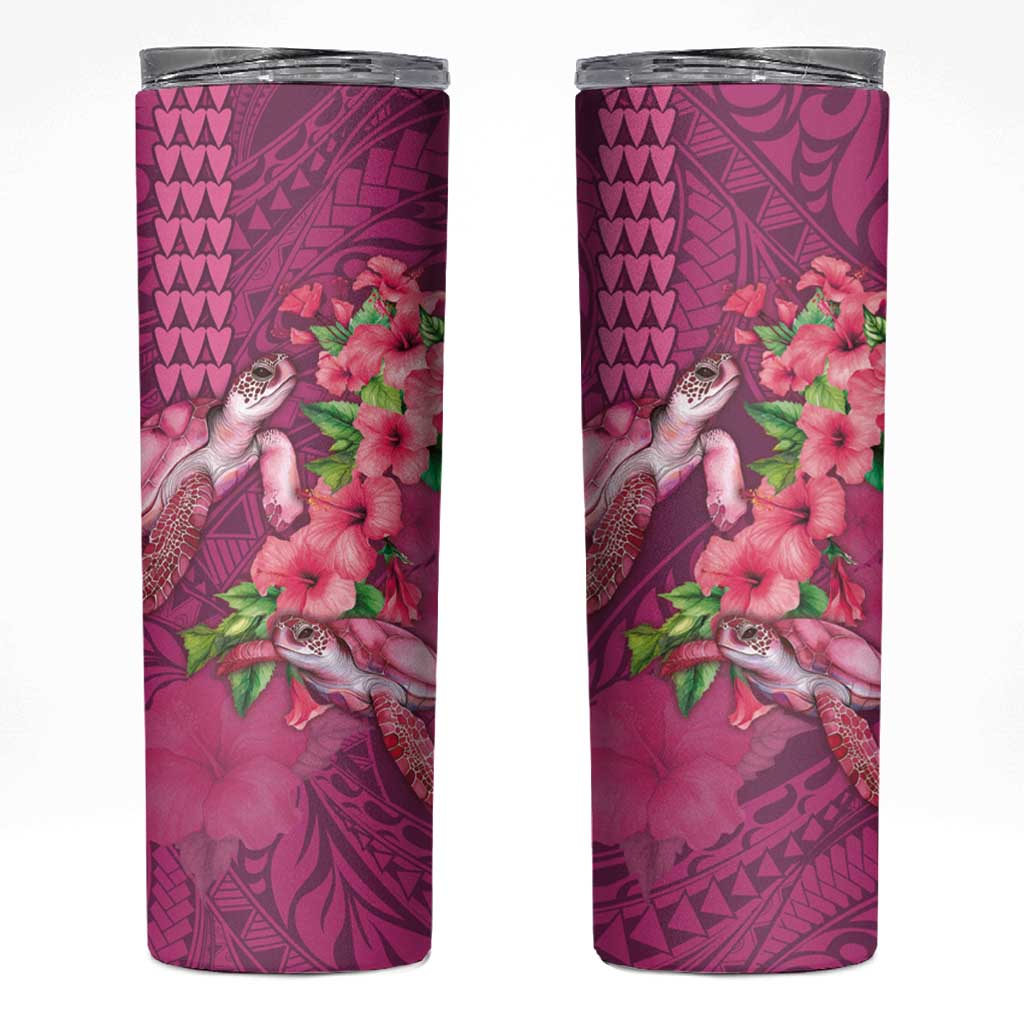 Hawaiian Turtle Love Couple Skinny Tumbler Sweet Hibiscus and Kakau Pattern Rose Color LT03 Pink - Polynesian Pride