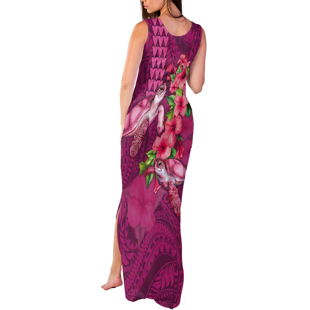 Hawaiian Turtle Love Couple Tank Maxi Dress - Sweet Hibiscus and Kakau Pattern Rose Color