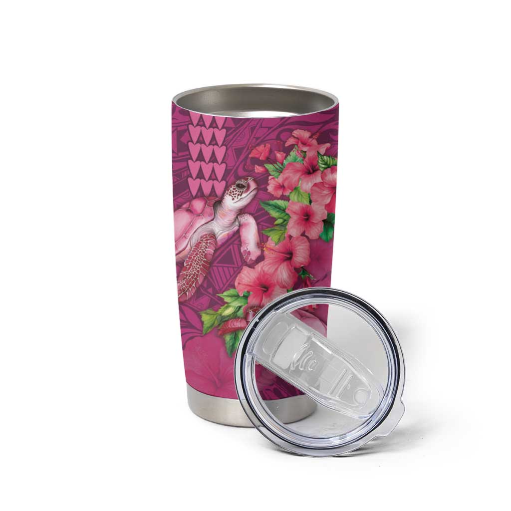 Hawaiian Turtle Love Couple Tumbler Cup Sweet Hibiscus and Kakau Pattern Rose Color