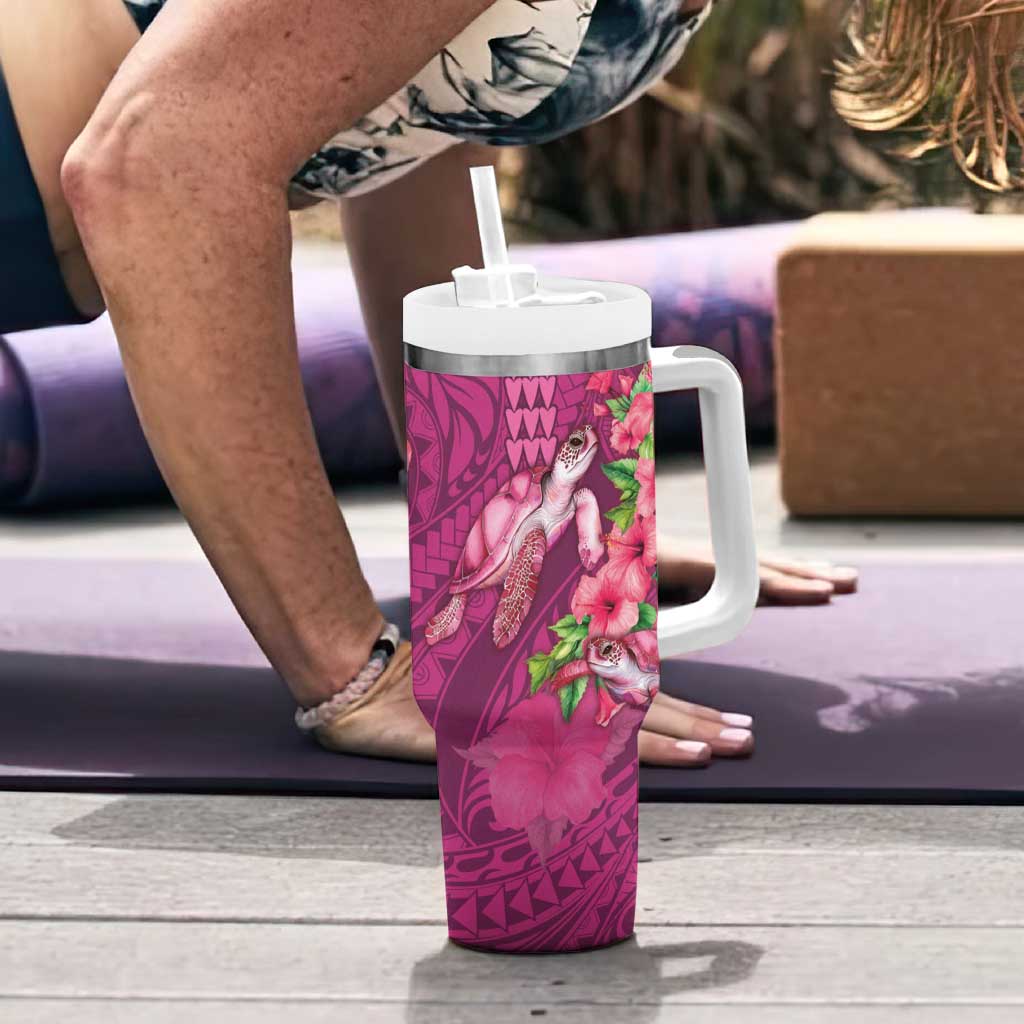 Hawaiian Turtle Love Couple Tumbler With Handle Sweet Hibiscus and Kakau Pattern Rose Color